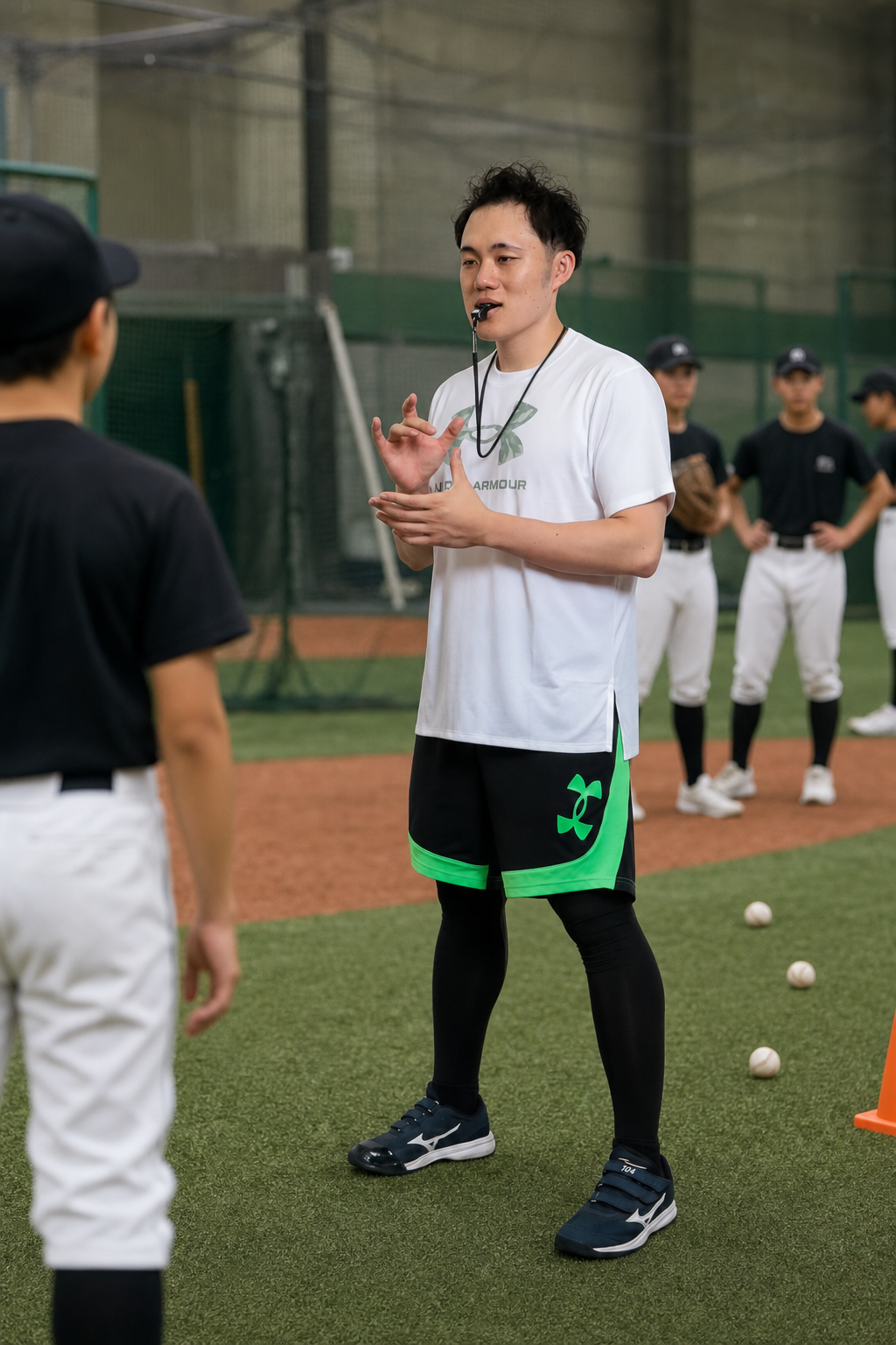 ホイッスルを使いながら野球選手へ指導するRAI ISHISAKA